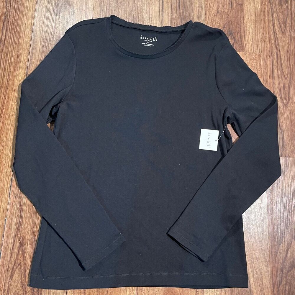 NWT Kate Hill Crew Neck Long Sleeve Womens Top 100% Cotton Knit Size Large Black